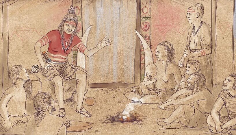 Abb. 1: Eine Illustration zeigt mehrere Menschen in einem Zelt in der Zeit der Kupfersteinzeit. Eine Frau spricht und gestikuliert, die anderen hören ihr zu.