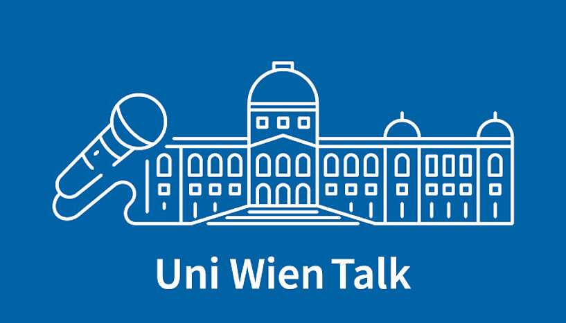 Line-Art der Frontansicht des Hauptgebäudes der Universität Wien und einem sich daraus herauslösenden Mikrofon, mit dem Untertext "Uni Wien Talk"