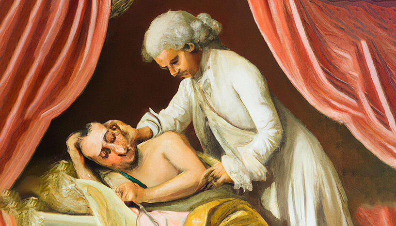 Image of Mozart bending over a patient.
