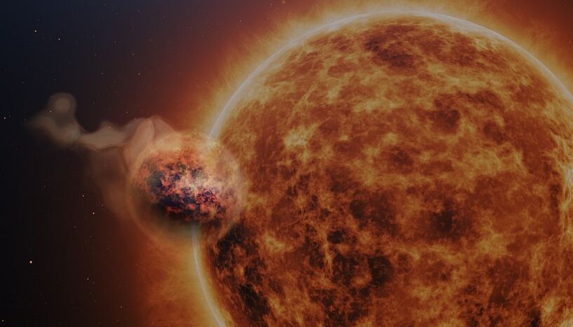 Künstlerische Ansicht des WASP-107b Planeten mit seiner flauschigen Atmosphäre über seinem Mutterstern.