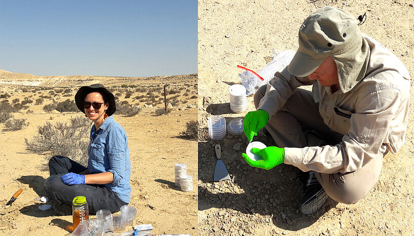 Abb. 1: Die Erstautor*innen Stefanie Imminger und Dimitri Meier bei der Probennahme von Biokrusten in der Negev-Wüste, Israel.