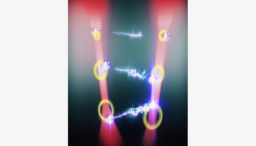 Abb. 1: Wissenschaftliche Illustration des Experiments, bei dem zwei Teilchen in zwei Laserstrahlen durch das zwischen ihnen gestreute Licht nicht reziprok gekoppelt werden. Durch diese Wechselwirkung bewegen sie sich auf bestimmten Bahnen, so dass die Teilchen einander folgen (die gelben Kreise sind die experimentellen Aufzeichnungen der Bewegung der einzelnen Teilchen).