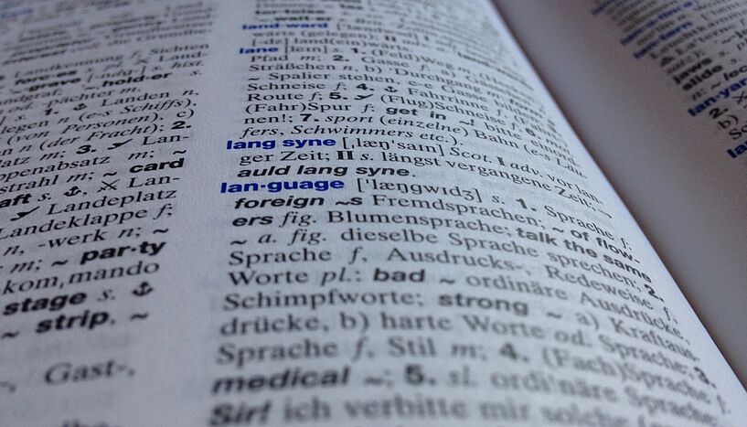 Großaufnahme eines aufgeschlagenen Wörterbuchs mit dem Wort Sprache.