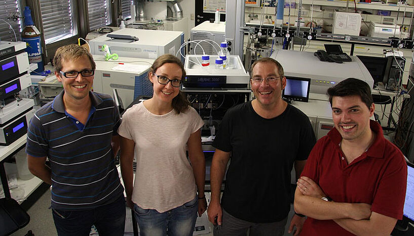 Thomas Nägele, Ella Nukarinen, Wolfram Weckwerth und Valentin Roustan vom Department für Ökogenomik und Systembiologie (Copyright: Universität Wien).