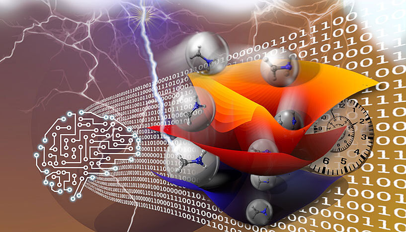Illustration to the study, which appeared on one of the covers of "Chemical Science": Artificial neural networks help to drastically accelerate simulations of photoinduced processes (© Julia Westermayr, Philipp Marquetand).