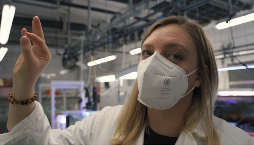 Spitzenforscherin Jillian Petersen im Labor mit einer kleinen Mondmuschel in der Hand