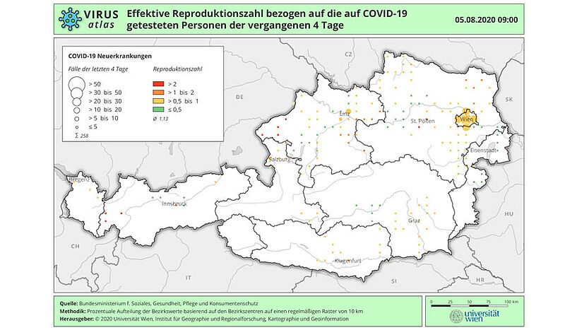Österreich-Karte über die effektive Reproduktionszahl der vergangenen 4 Tage.