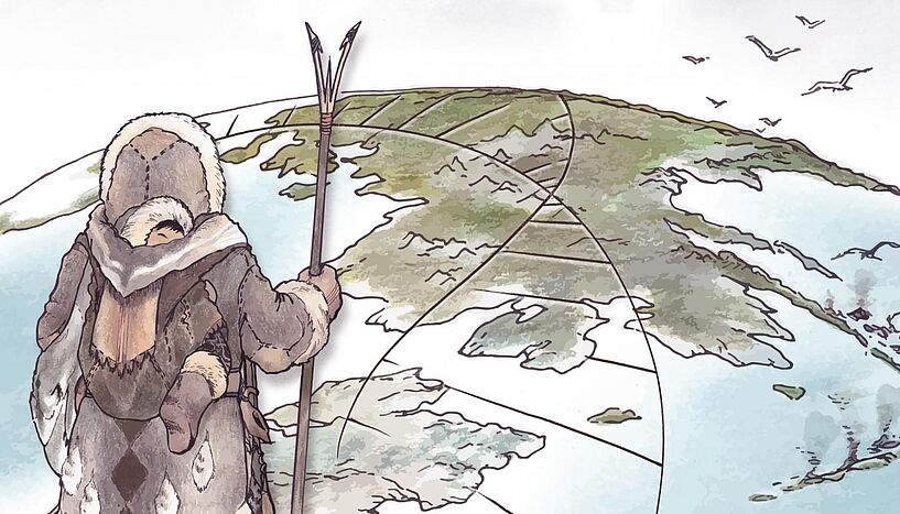 Illustration einer Erdkugel mit einem arktischen Jäger und Sammler