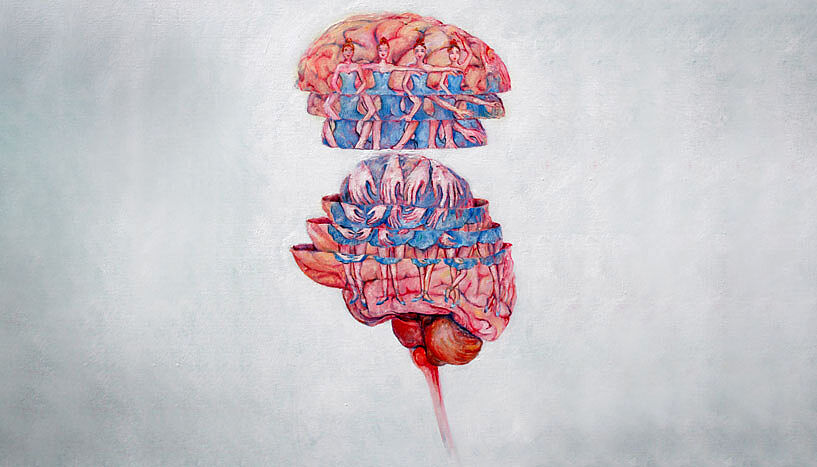 Eine Illustration zeigt unterschiedliche gezeichnete Ebenen eines Gehirns, in denen Balletttänzerinnen in verschiedenen Größen abgebildet sind.