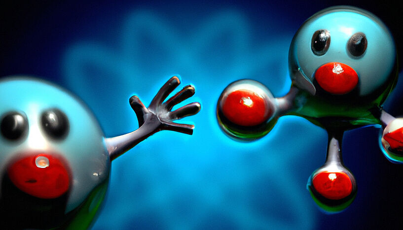Abb. 1: mit KI erstellte Abbildung von 2 Atomen mit Gesichtern die sich die Hand reichen