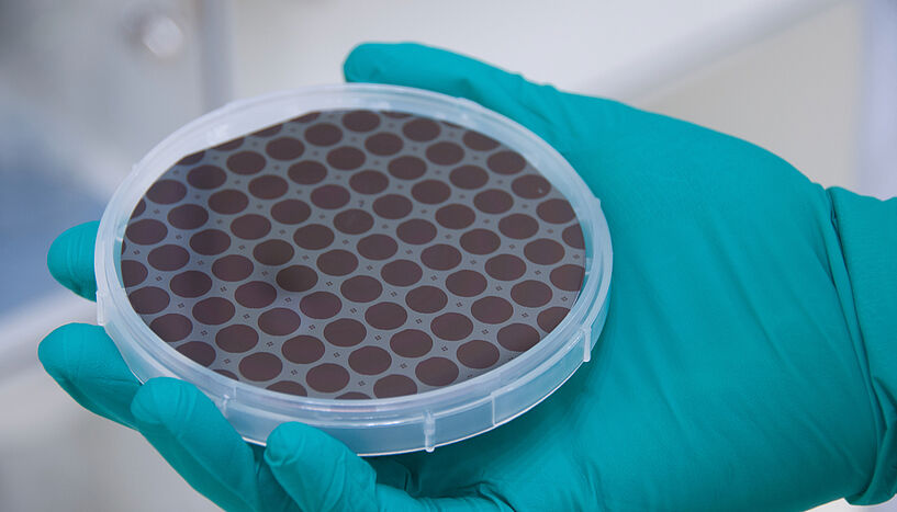 Fig. 2: Picture of a patterned four-inch GaAs wafer with monocrystalline GaAs/AlGaAs dies.