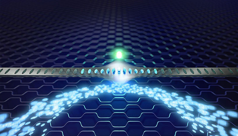 A stylization of the researcher’s nanomechanical device. By way of vibrating back-and-forth, the hole-filled silicon beam converts quantum particles of light into quantum vibrations, and later back into light (Copyright: Jonas Schmöle, The Aspelmeyer Research group, Faculty of Physics, Vienna Center for Quantum Science and Technology (VCQ), University of Vienna).