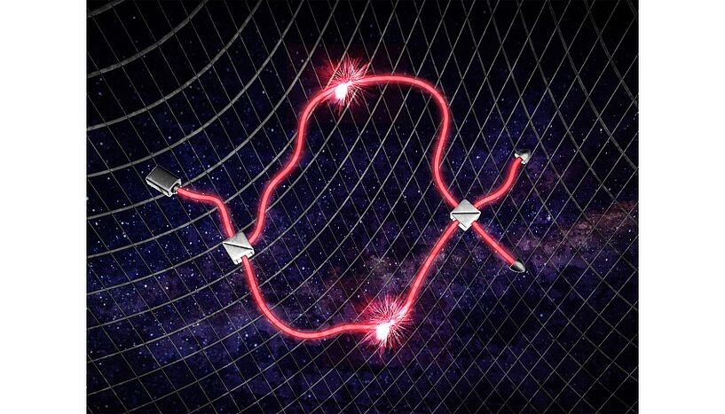 Schematische Darstellung des vorgeschlagenen Hochpräzisionsexperiments in gekrümmter Raumzeit, das das Zusammenspiel von Gravitation und Quantenwelt beleuchten wird.