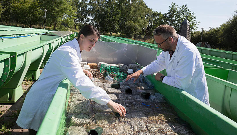 Eine Forscherin und ein Forscher hantieren mit Plastikbechern in einer Wanne.