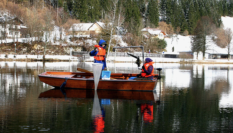 Abb. 2: Bild von zwei Menschen auf einem Boot bei der Probenentnahme im Lunzer See