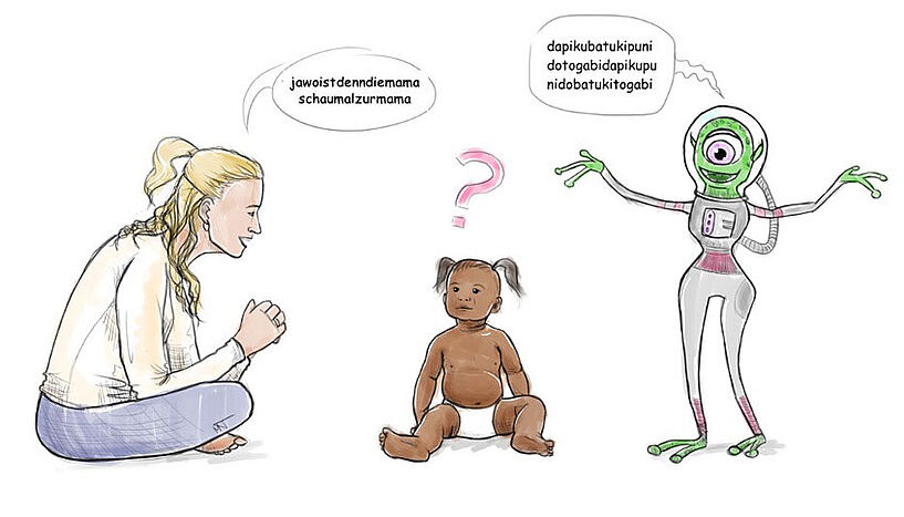 Graphische Darstellung eines Kindes, einer Frau und eines Aliens. Frau und Alien sprechen mit dem Kind. 